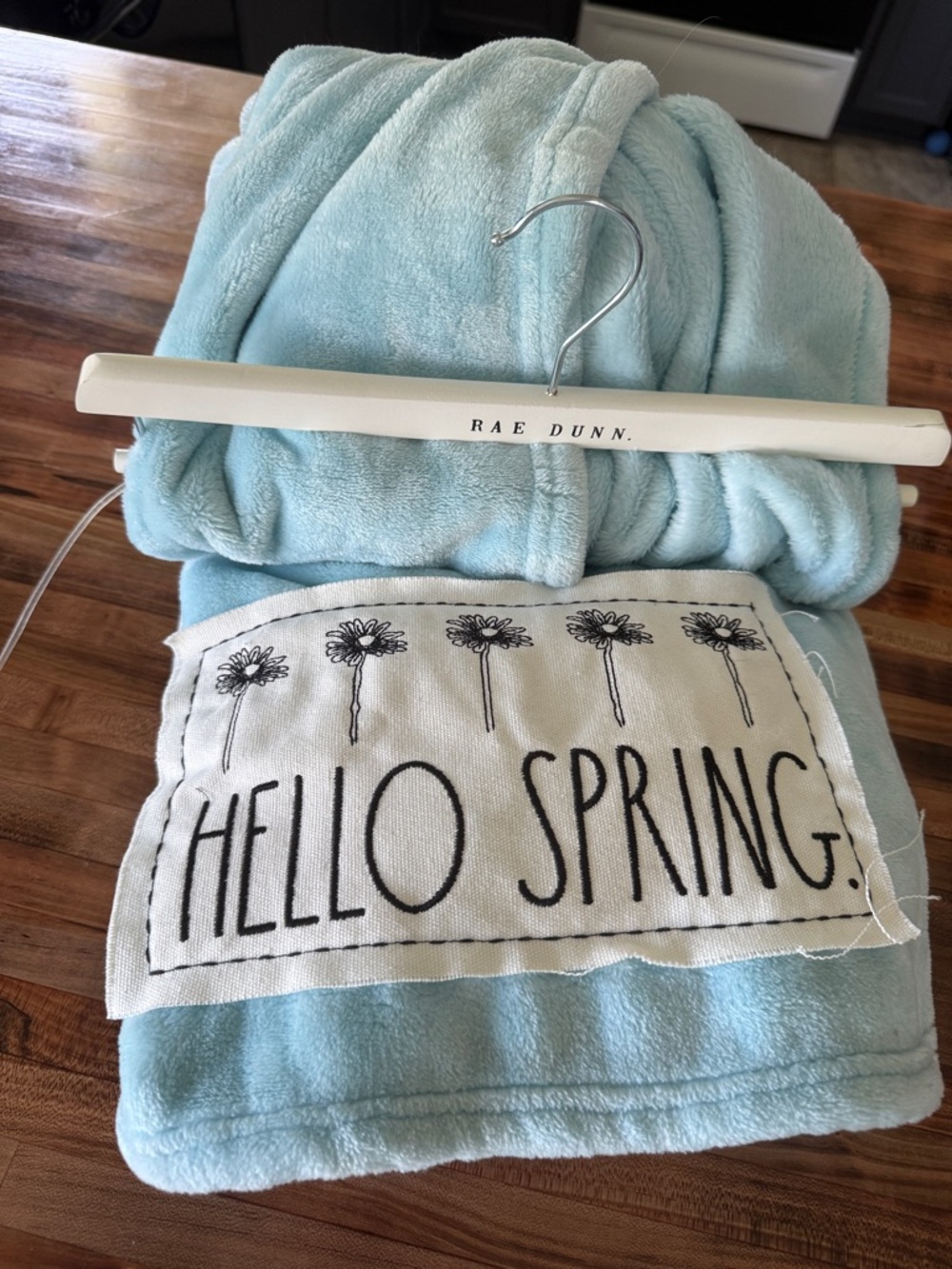 Rae Dunn Light Blue Plush Throw with 'HELLO SPRING' Patch